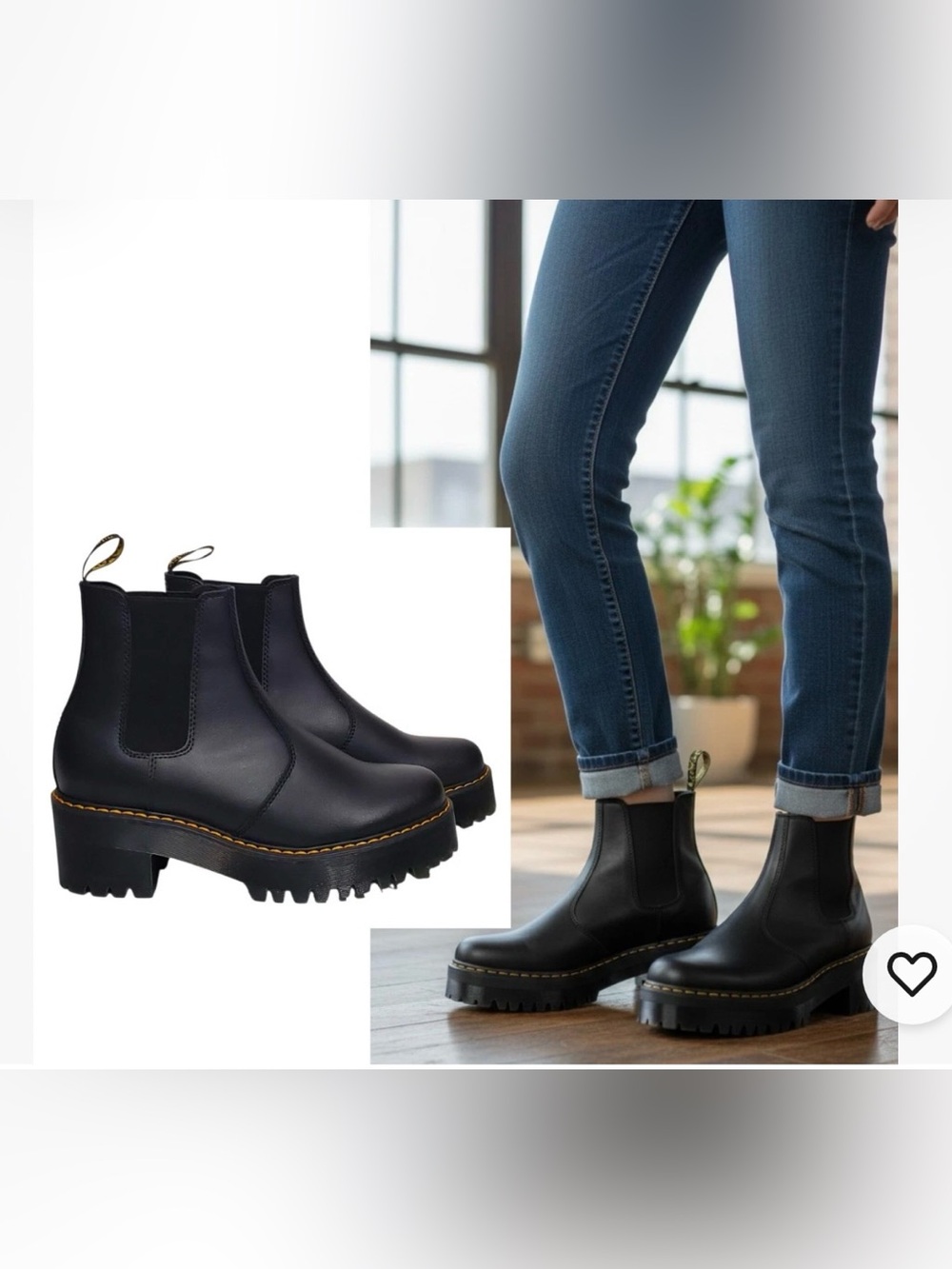 Dr. Martens Women's Black Leather Platform Chelsea Boot with Yellow Stitching